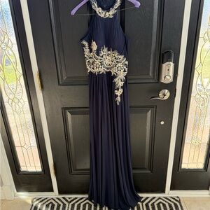 Adam Navy Halter Gown with Gold Embellished Lace